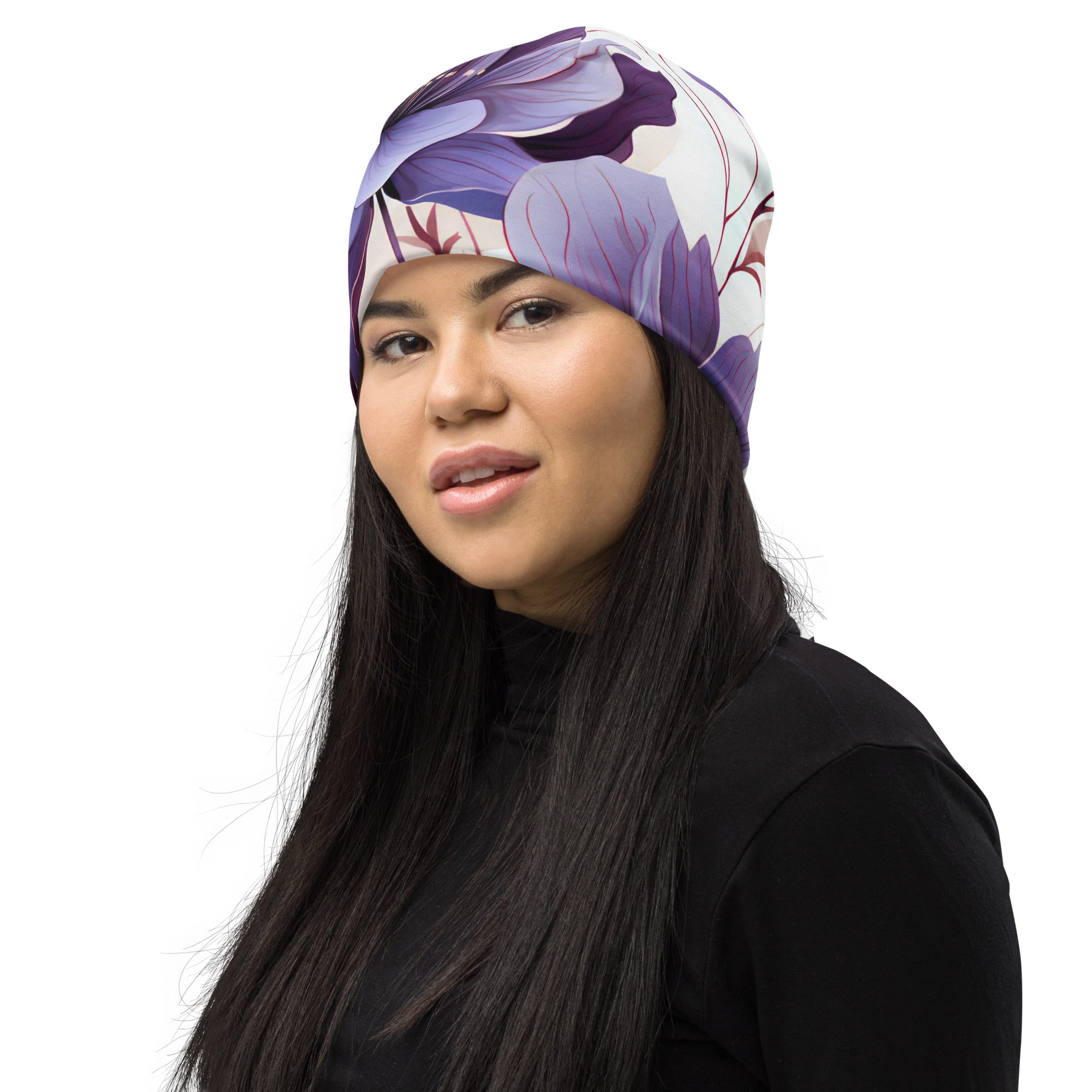 A stylish double-layered beanie hat featuring a vibrant purple botanical blooms design, perfect for winter and spring wear.