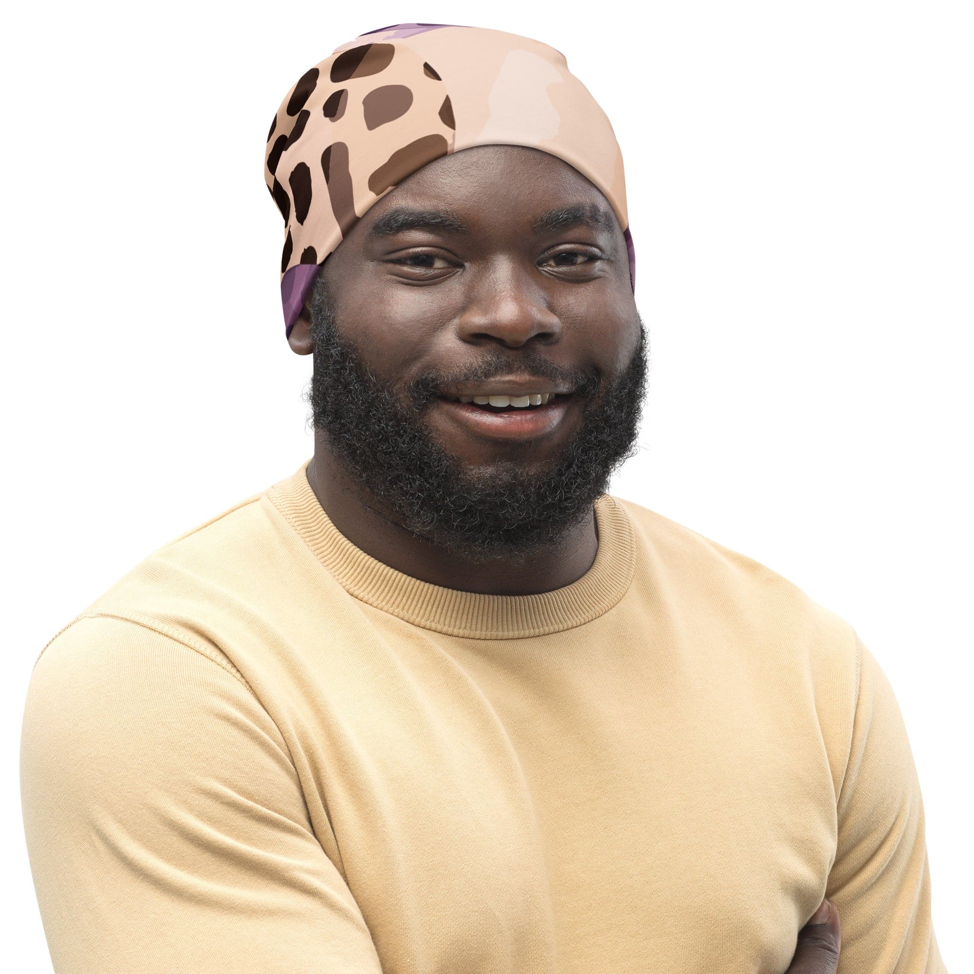 Double-layered beanie hat in purple lavender spotted print, showcasing its soft fabric and stylish design.