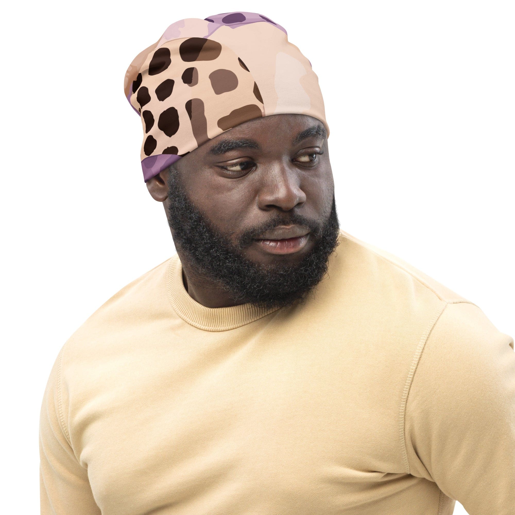 Double-layered beanie hat in purple lavender spotted print, showcasing its soft fabric and stylish design.