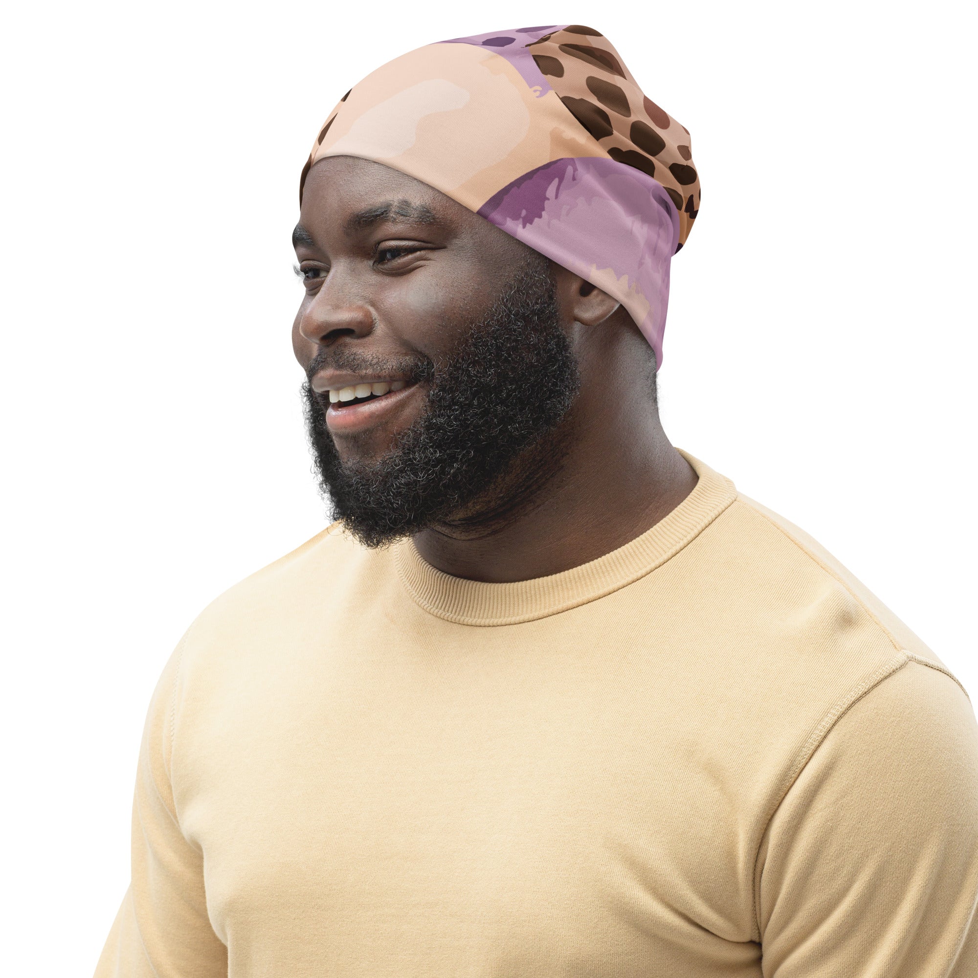 Double-layered beanie hat in purple lavender spotted print, showcasing its soft fabric and stylish design.