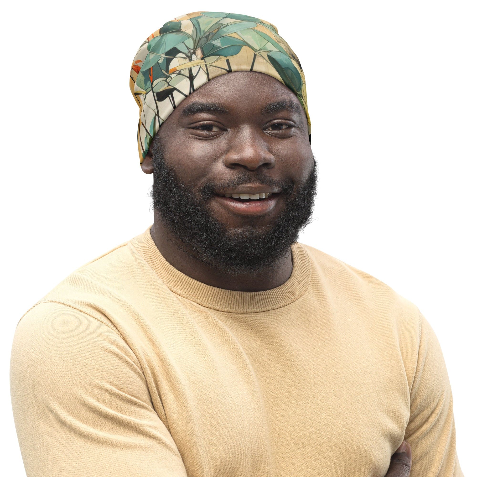 Double-layered beanie hat featuring rustic botanical plants design, showcasing its soft fabric and stylish appearance.