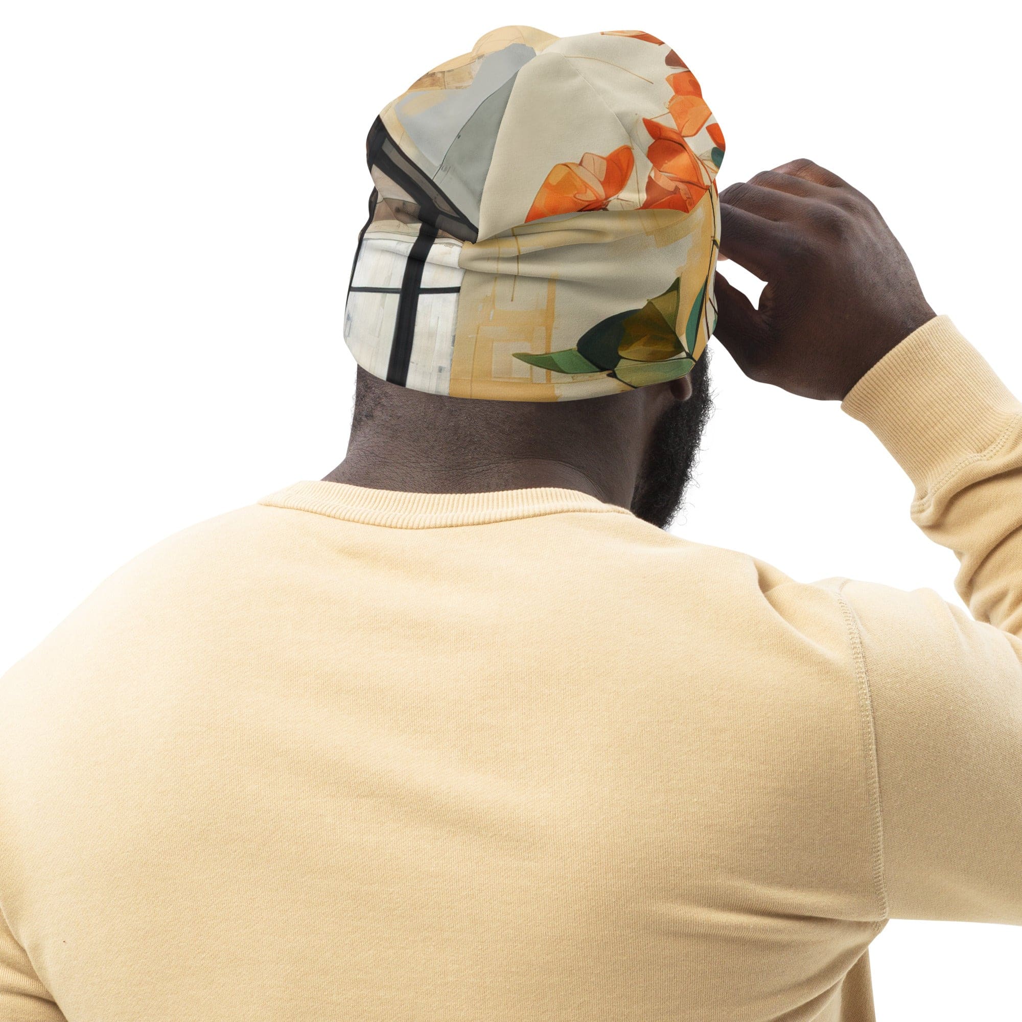 Double-layered beanie hat featuring rustic botanical plants design, showcasing its soft fabric and stylish appearance.