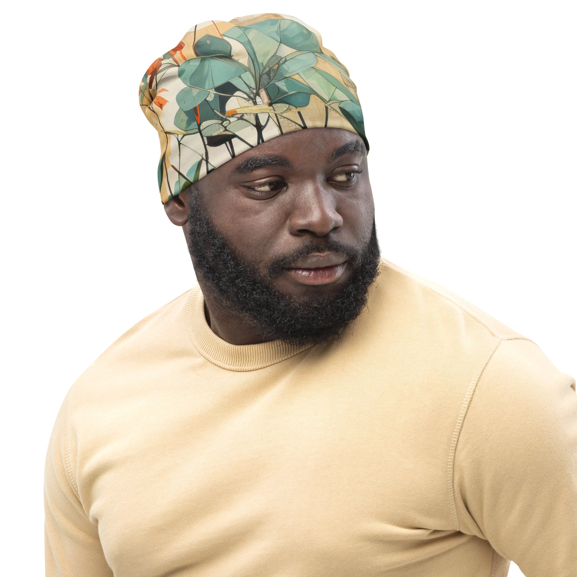 Double-layered beanie hat featuring rustic botanical plants design, showcasing its soft fabric and stylish appearance.