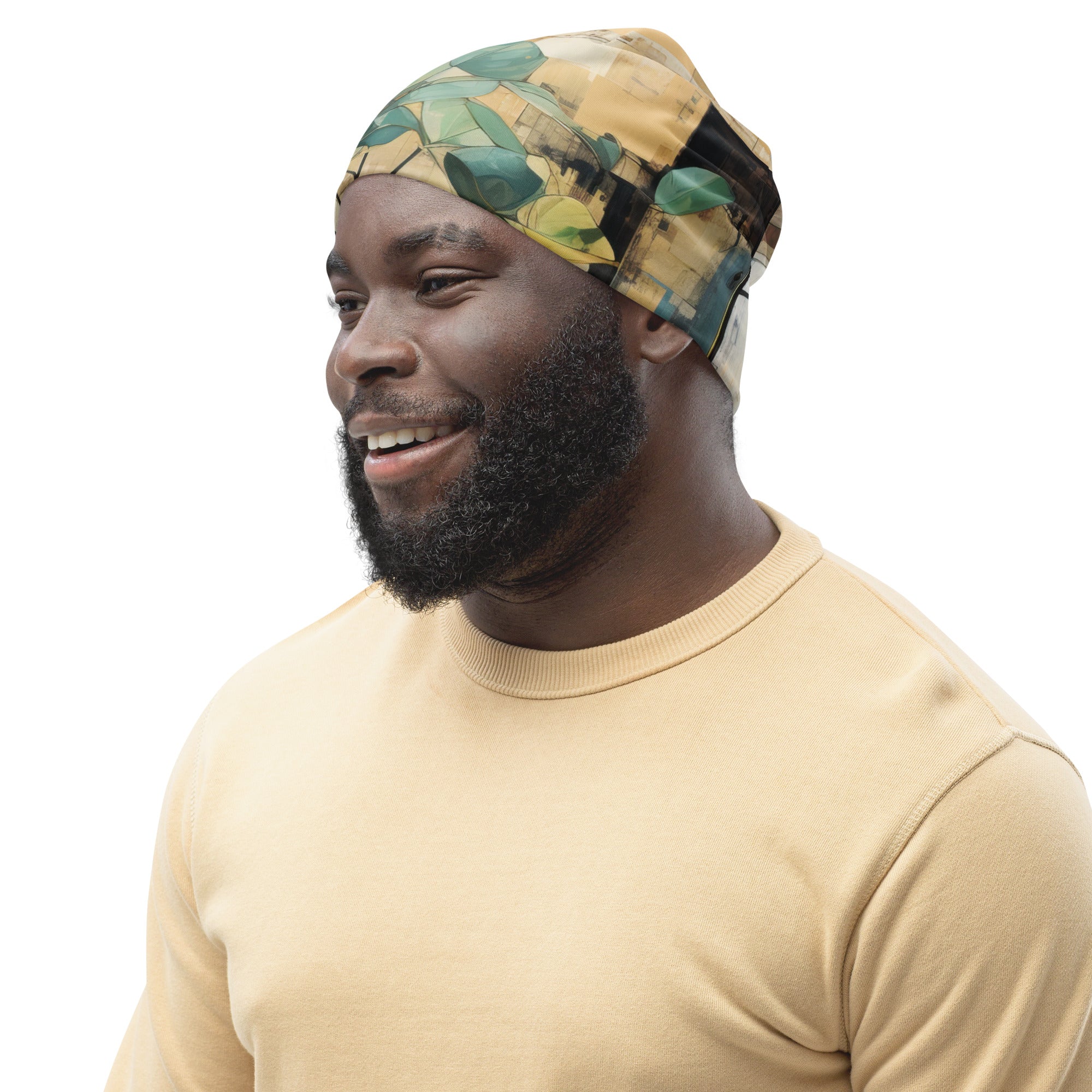 Double-layered beanie hat featuring rustic botanical plants design, showcasing its soft fabric and stylish appearance.