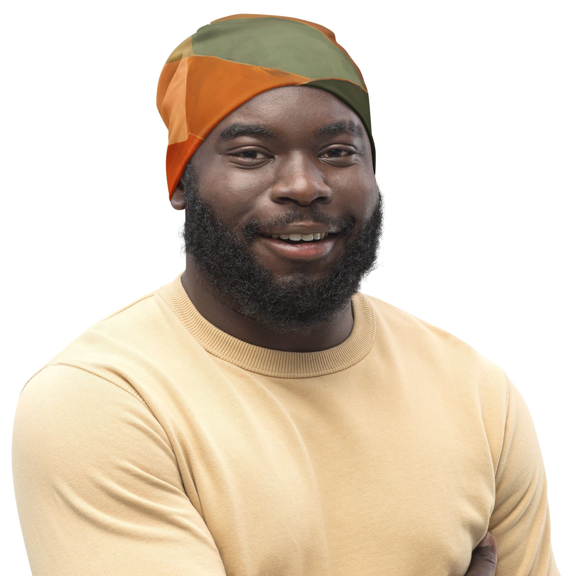 Double-layered beanie hat in rustic red with an abstract pattern, showcasing its soft fabric and stylish design.