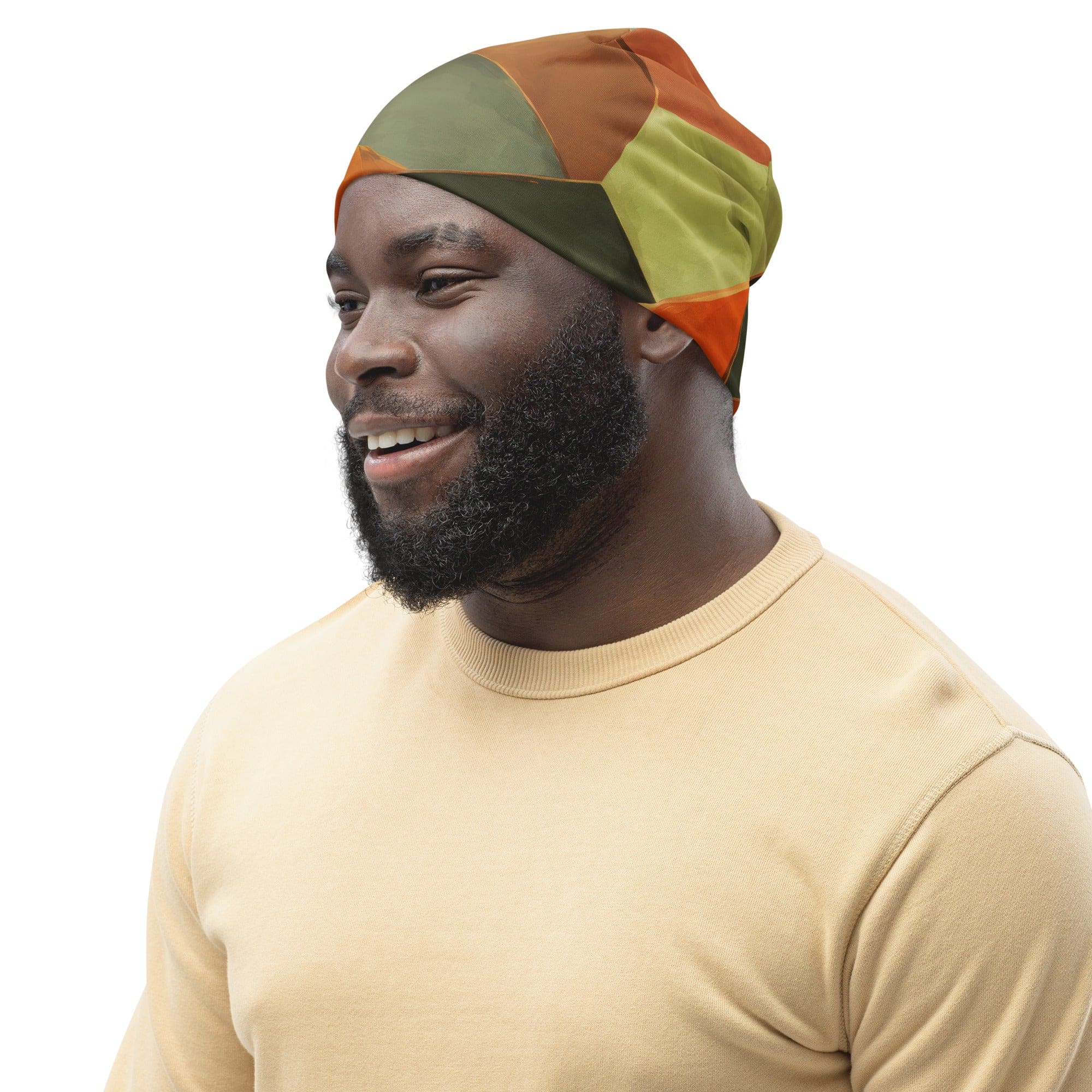 Double-layered beanie hat in rustic red with an abstract pattern, showcasing its soft fabric and stylish design.