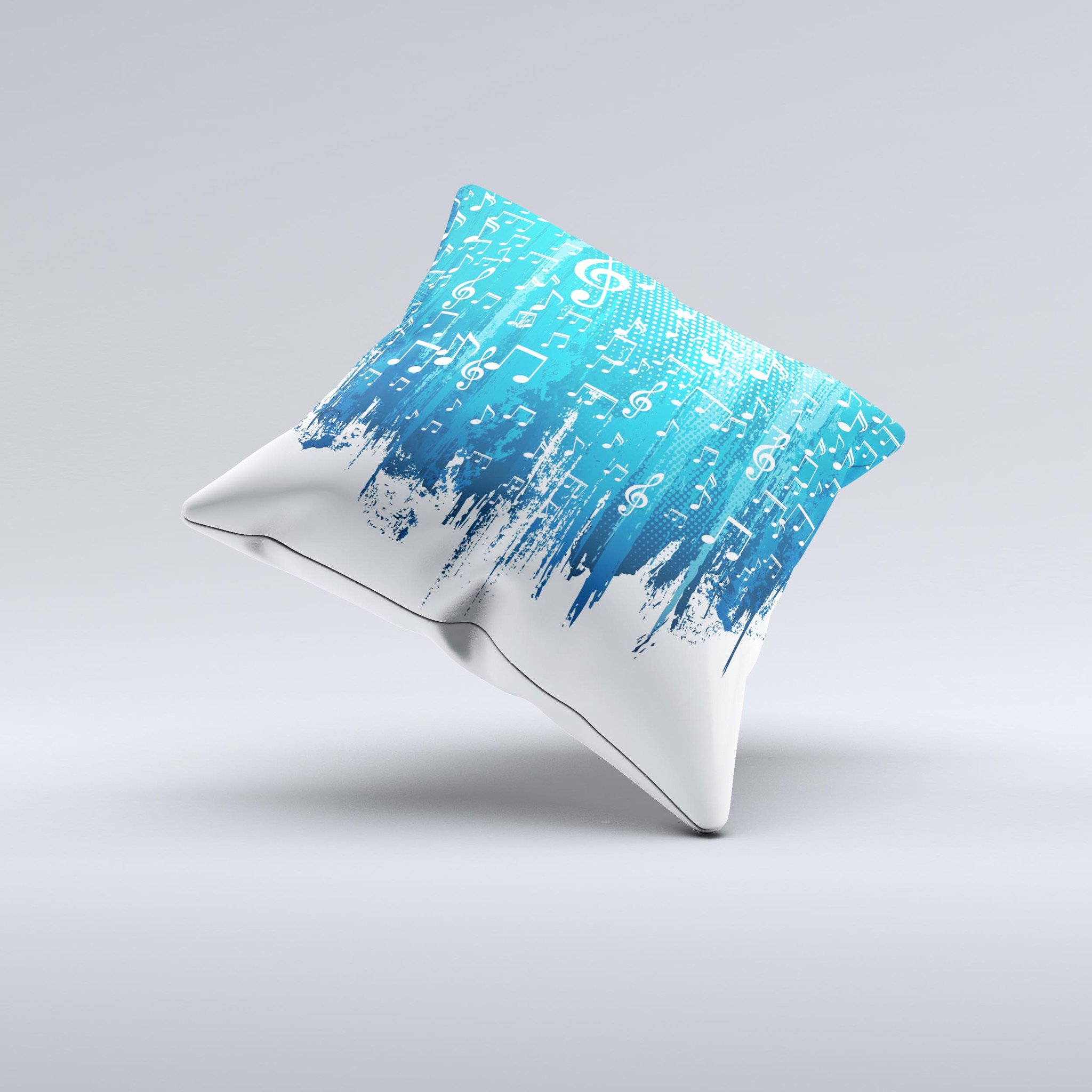 A decorative throw pillow featuring dripping blue and white music notes design, handcrafted in Virginia.