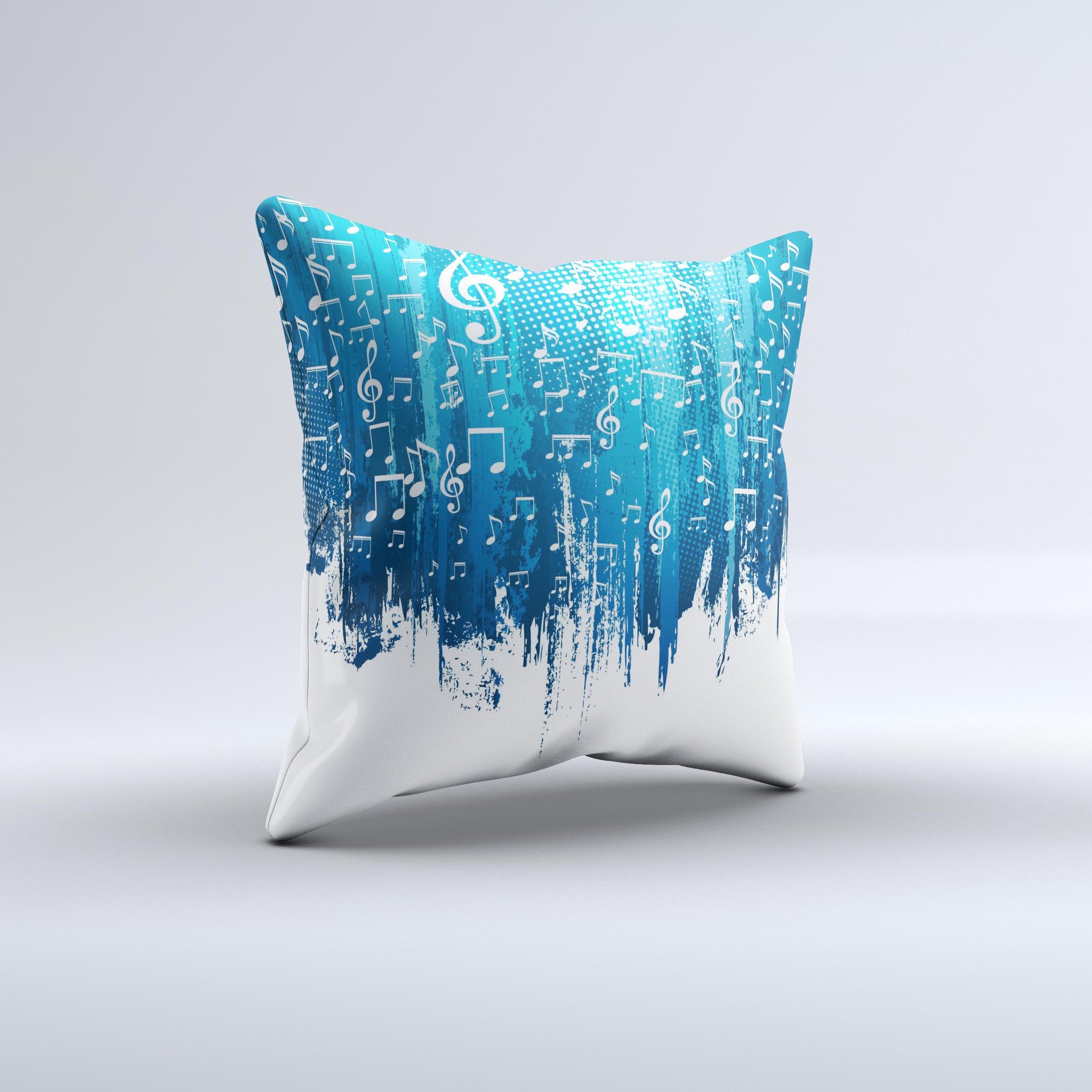 A decorative throw pillow featuring dripping blue and white music notes design, handcrafted in Virginia.