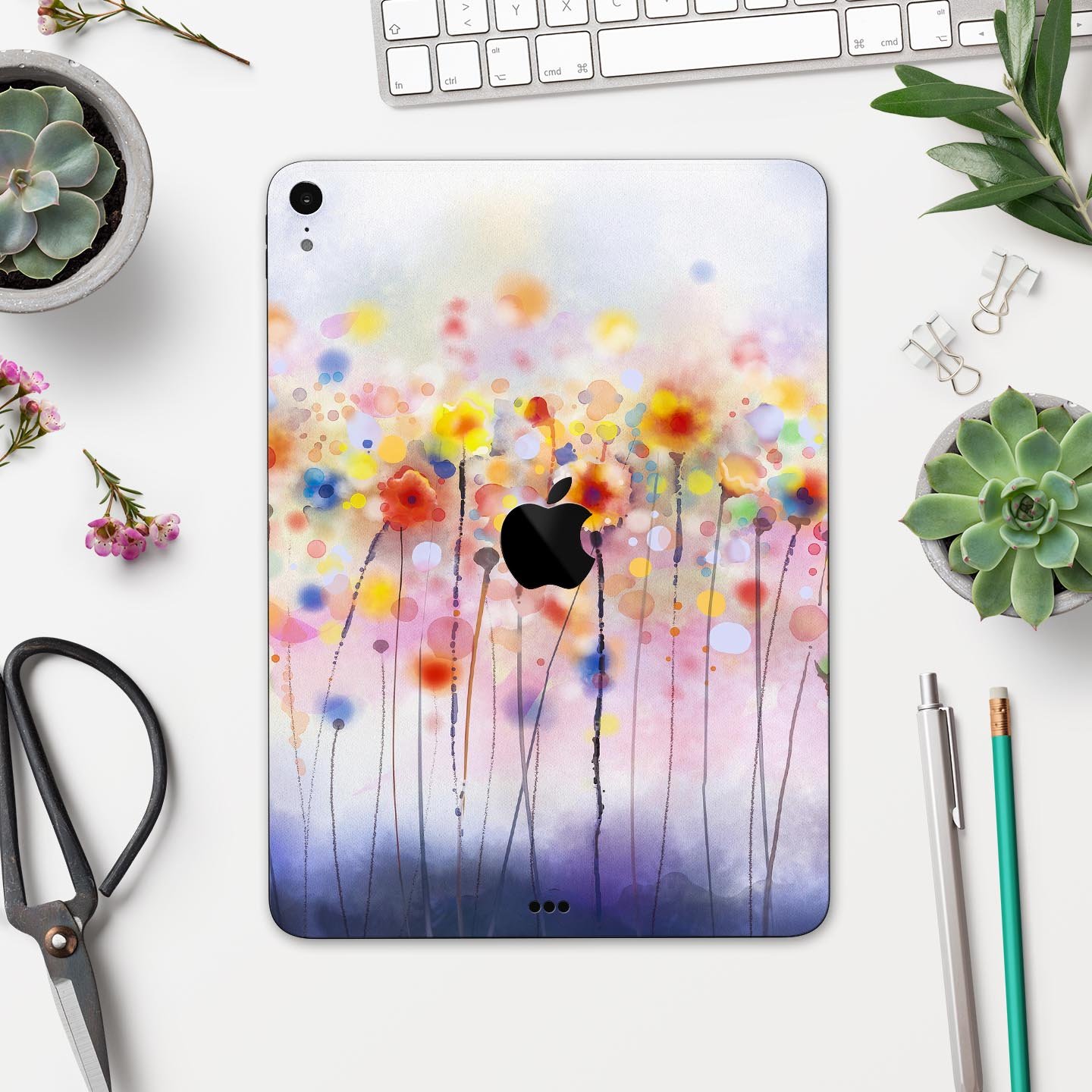 Drizzle Watercolor Flowers V1 skin decal for Apple device, showcasing vibrant floral design and premium 3M material.