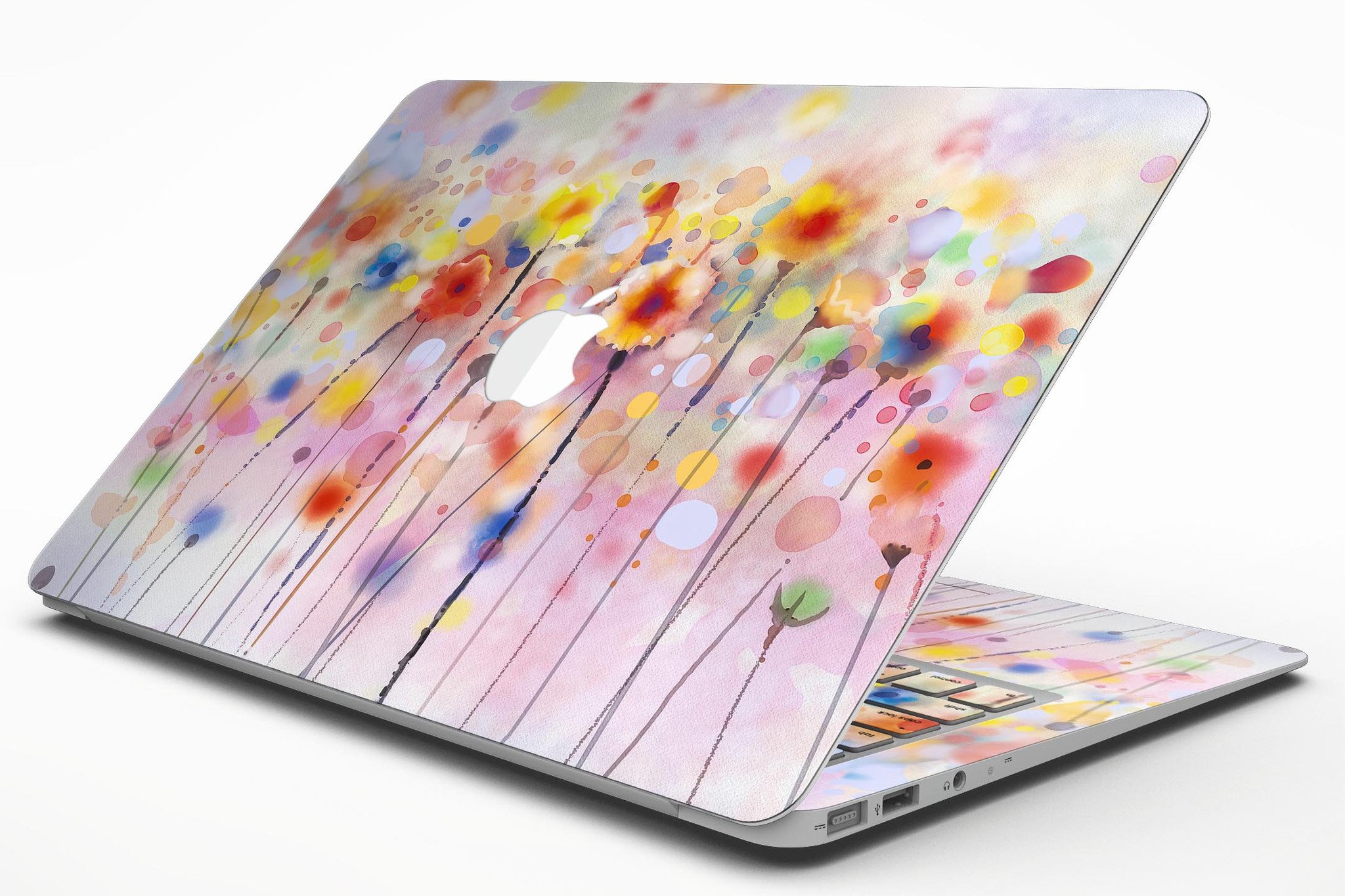 Drizzle Watercolor Flowers V1 MacBook Air Skin Kit showcasing vibrant floral design on a sleek MacBook Air.