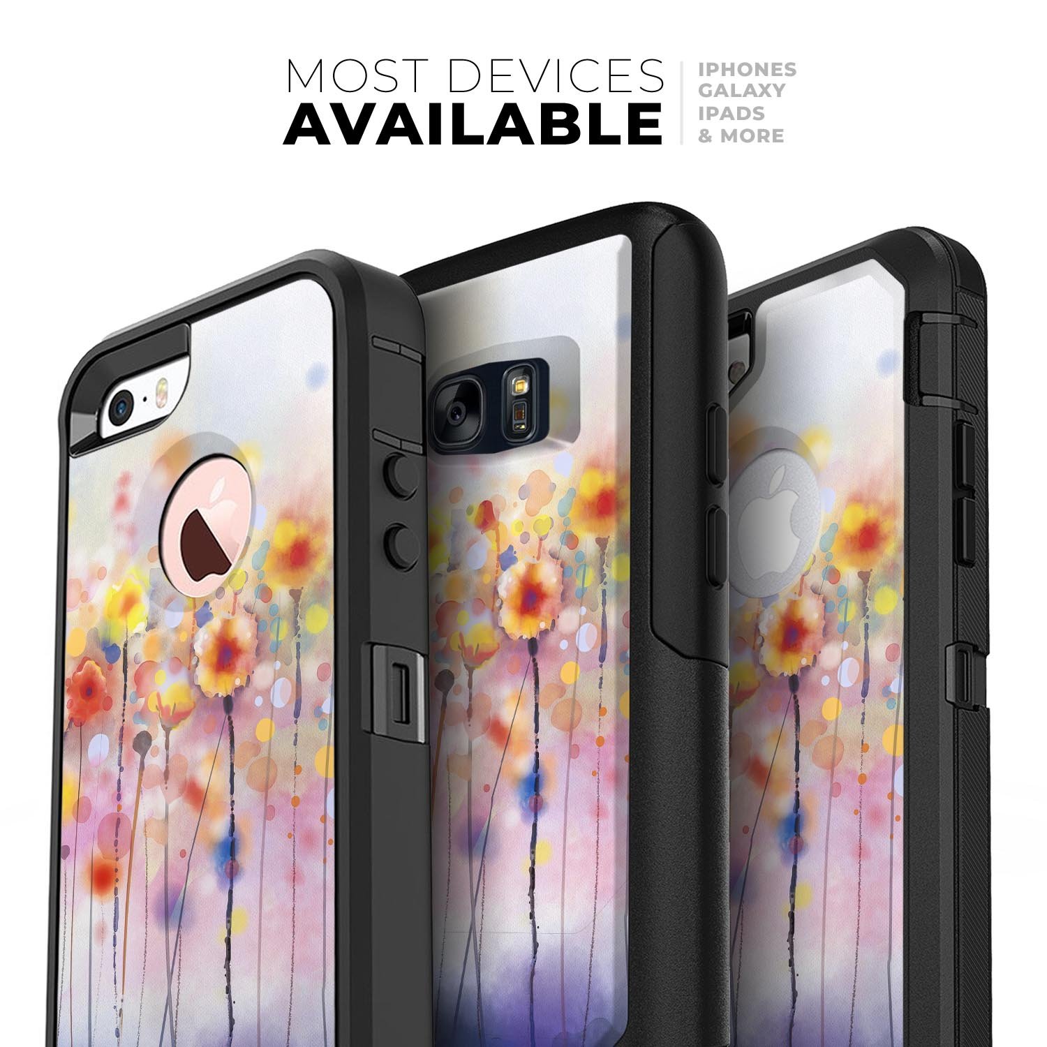 Drizzle Watercolor Flowers V1 Skin Kit for iPhone OtterBox Cases featuring vibrant floral design and premium quality finish.