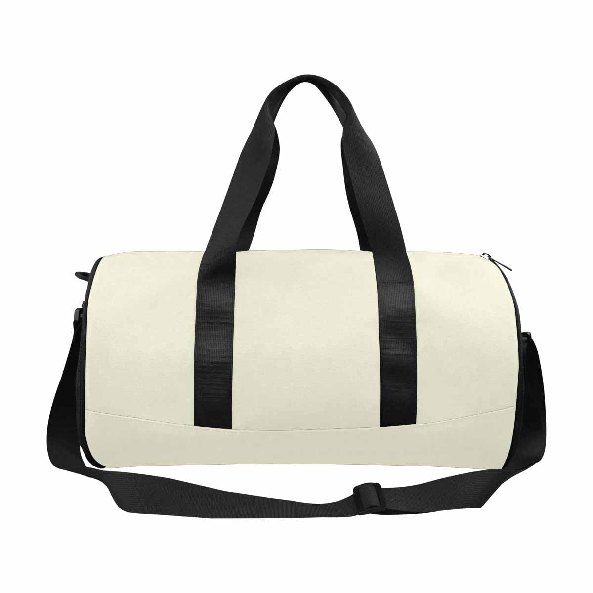 Beige travel duffel bag made from waterproof fabric, featuring a spacious main compartment and multiple pockets for organization.