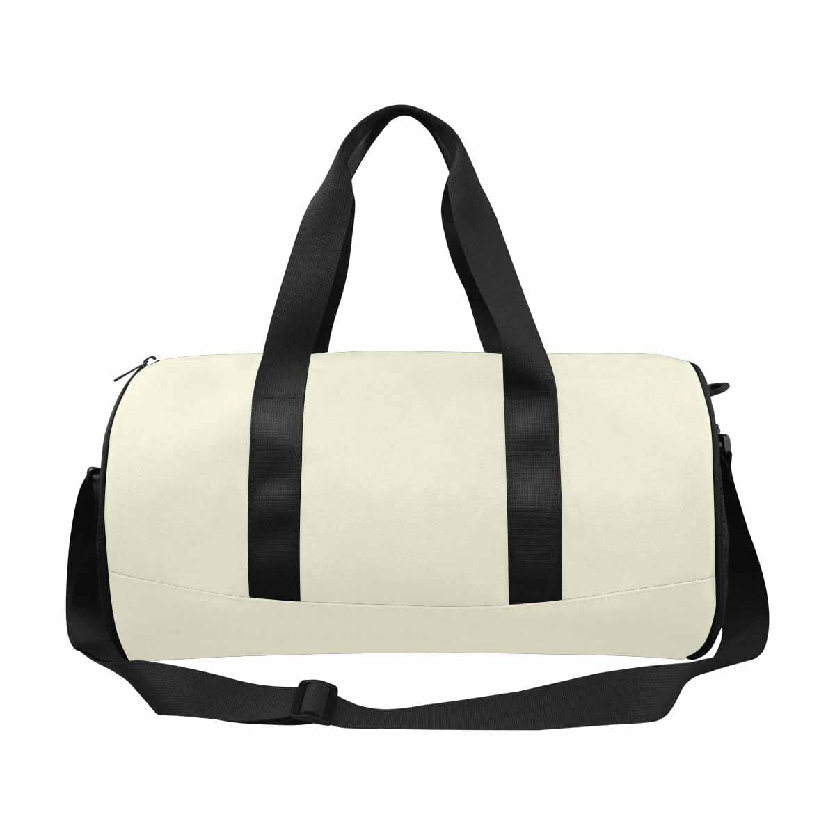 Beige travel duffel bag made from waterproof fabric, featuring a spacious main compartment and multiple pockets for organization.