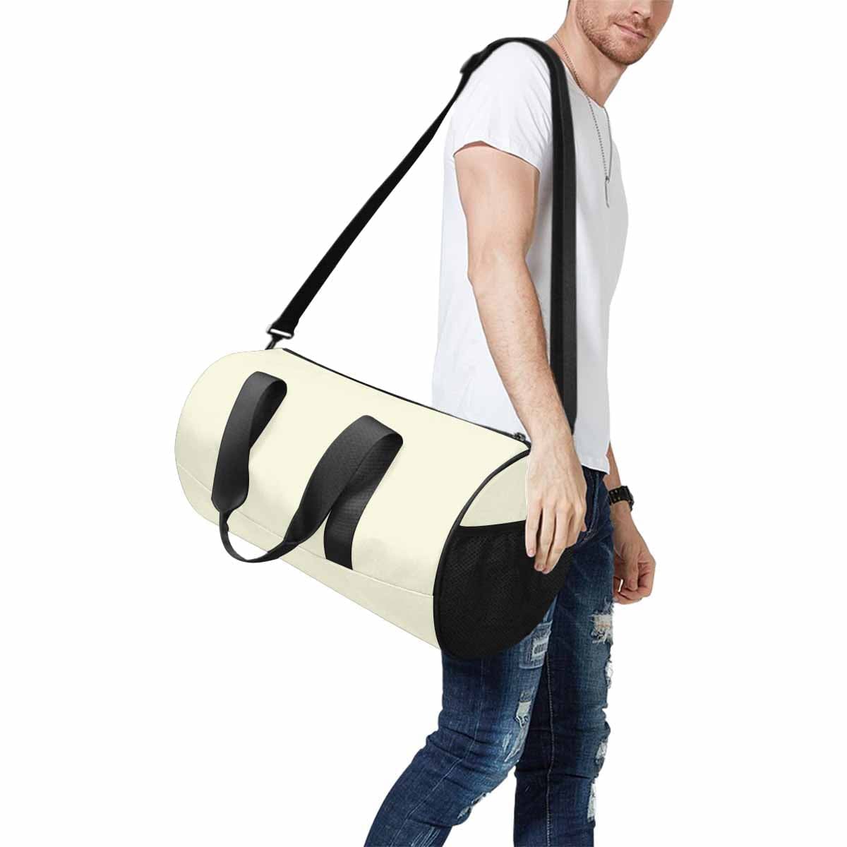 Beige travel duffel bag made from waterproof fabric, featuring a spacious main compartment and multiple pockets for organization.