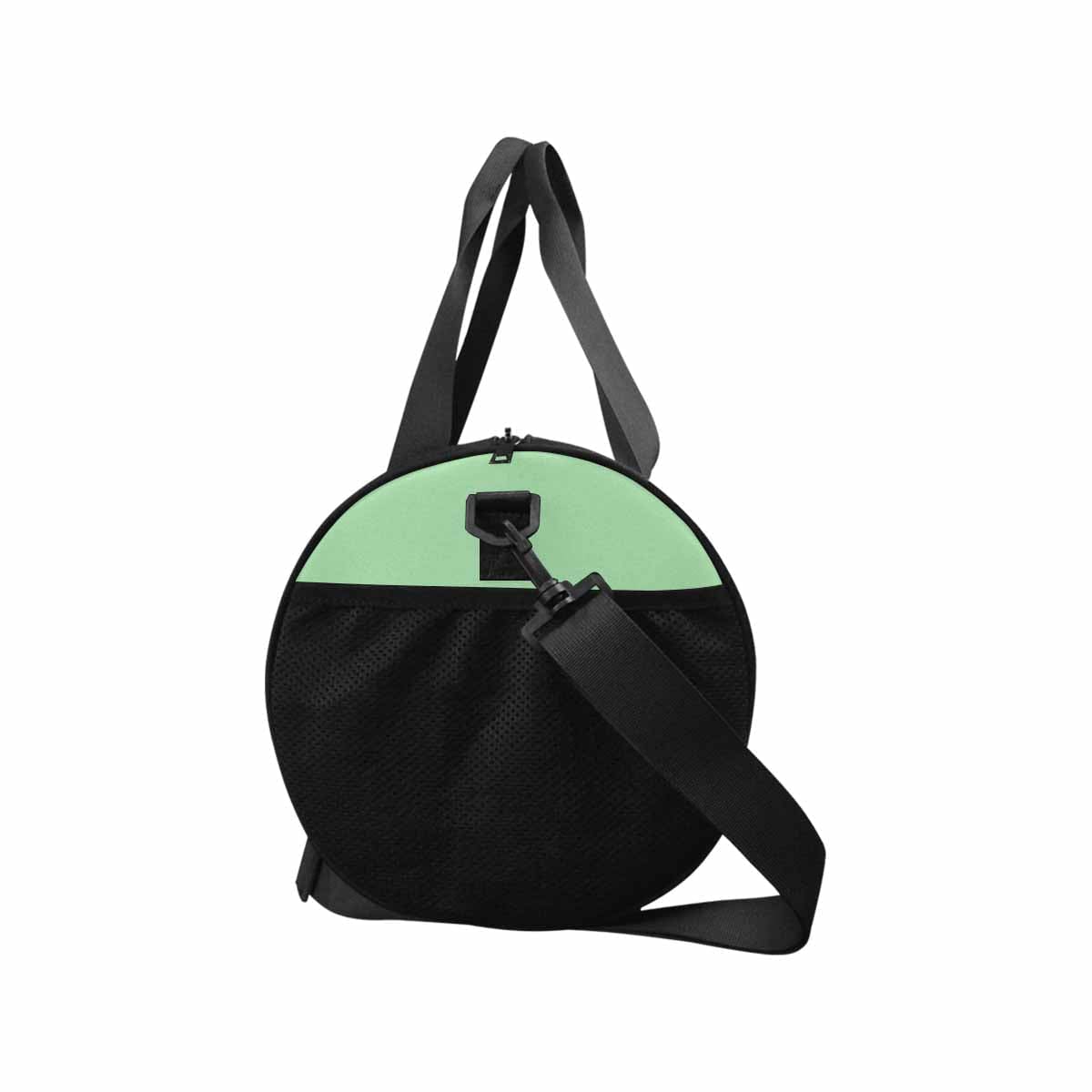 Celadon Green Duffel Bag designed for travel and outdoor activities, featuring waterproof fabric and spacious compartments.