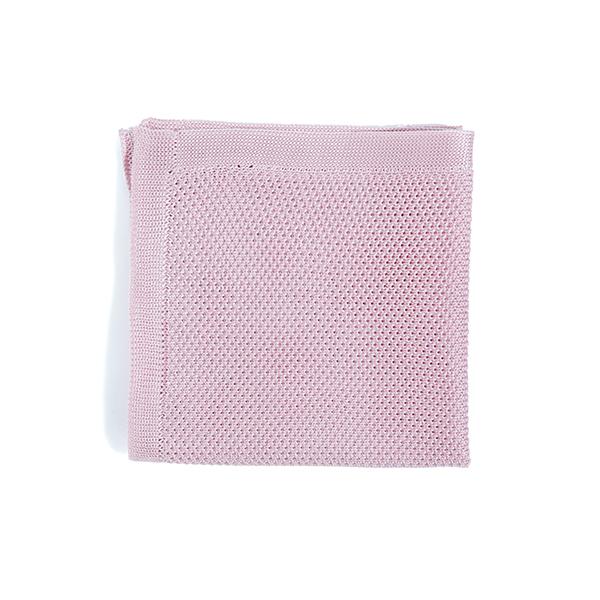 Dusty pink knitted pocket square displayed elegantly, showcasing its soft texture and perfect dimensions.