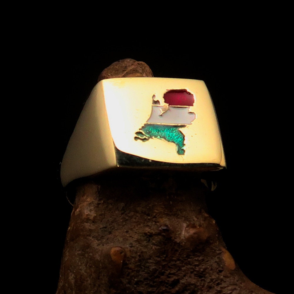 A stylish square-shaped Dutch Flag Ring made of polished brass with an enamel inlay, showcasing the vibrant colors of the Holland flag.