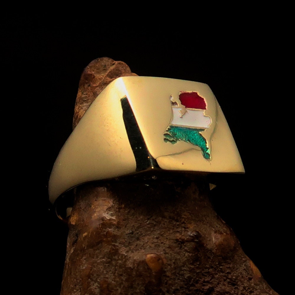 A stylish square-shaped Dutch Flag Ring made of polished brass with an enamel inlay, showcasing the vibrant colors of the Holland flag.