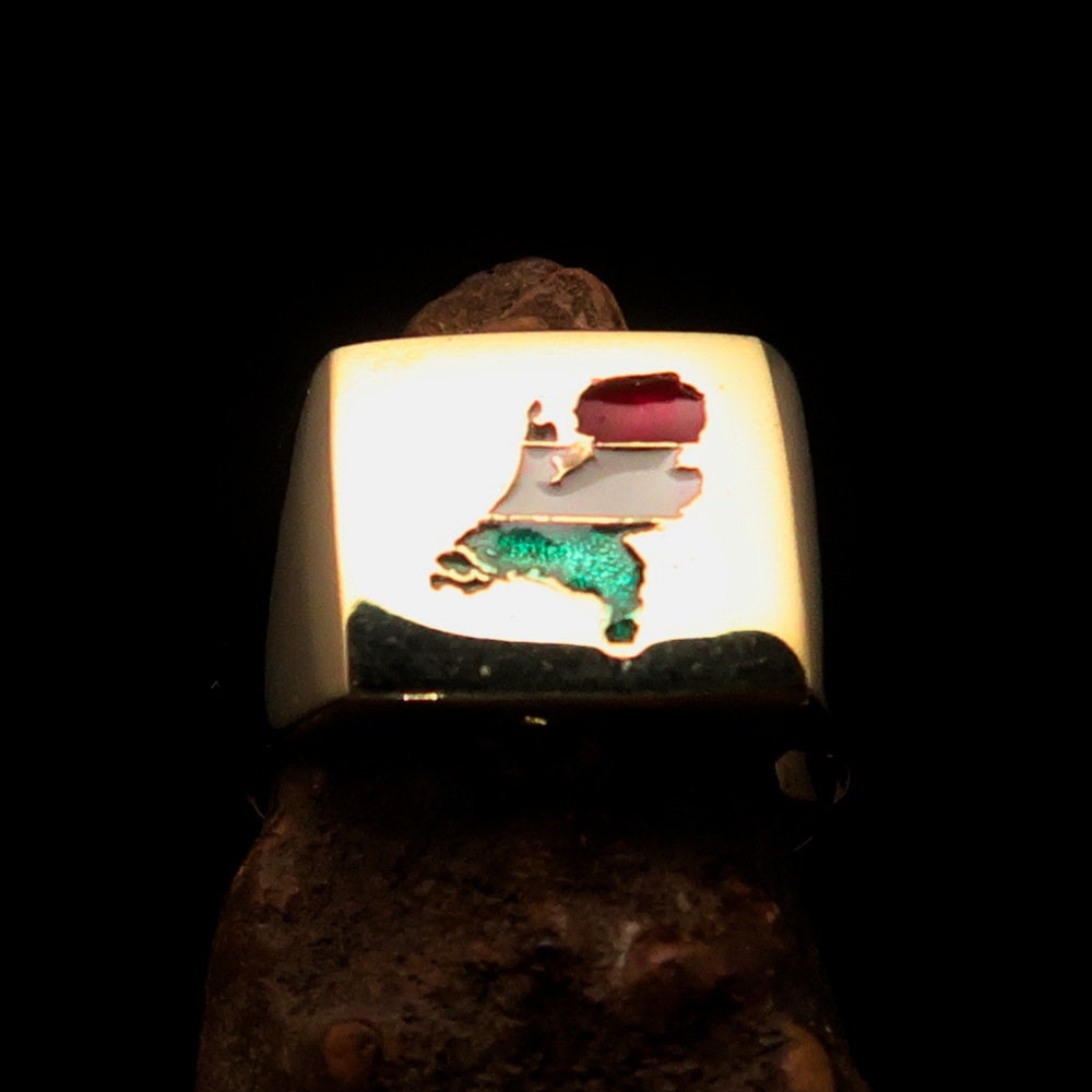 A stylish square-shaped Dutch Flag Ring made of polished brass with an enamel inlay, showcasing the vibrant colors of the Holland flag.