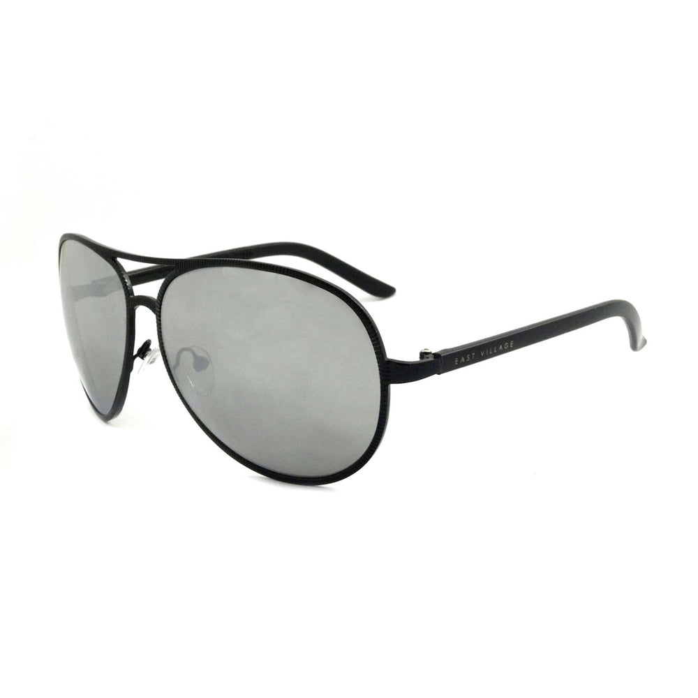 East Village 'Jagger' Aviator Sunglasses in Black with silver mirror lenses and logo on temples.