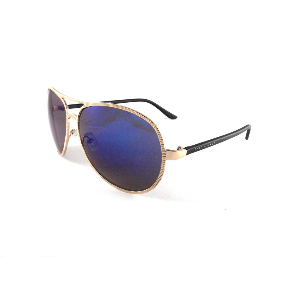 East Village 'Jagger' Aviator Sunglasses in Light Gold with blue mirror lenses, featuring the East Village logo on the temples.