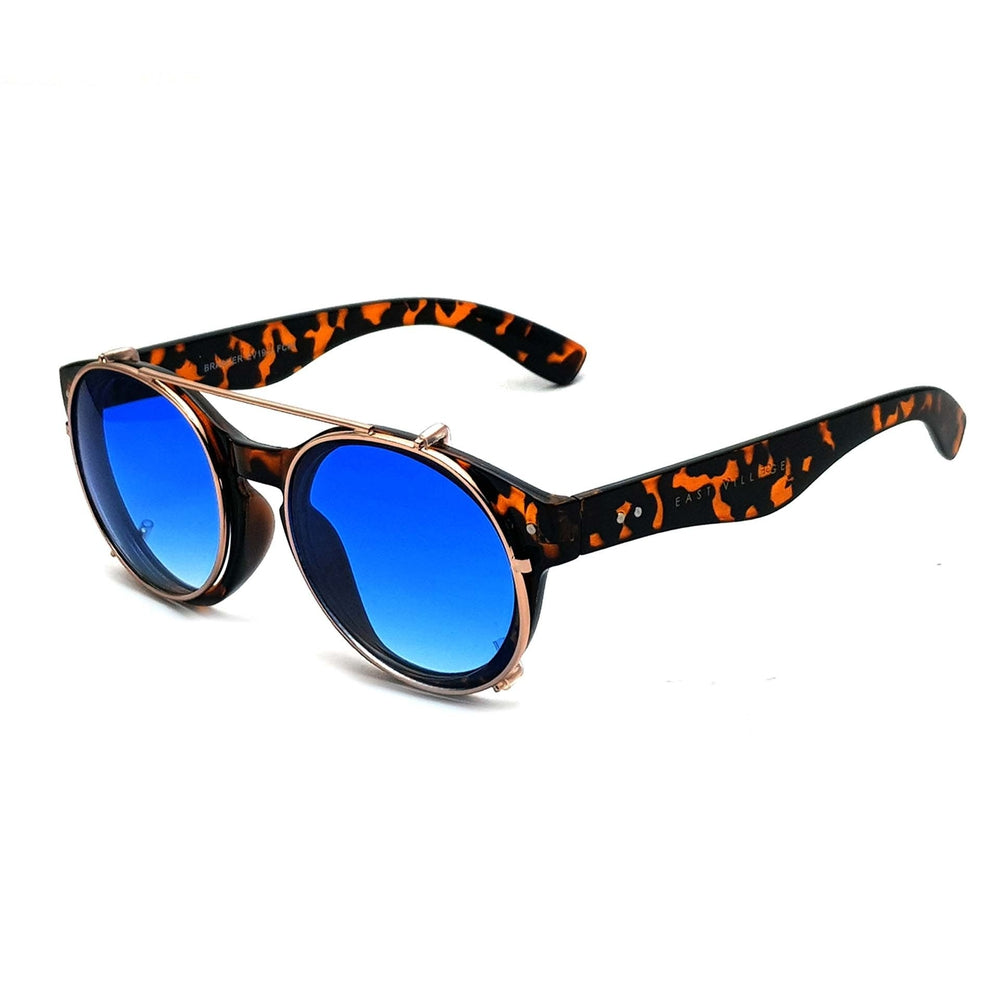 East Village 'Brawler' Round Sunglasses featuring a tortoiseshell frame and blue lenses, with a stylish metal top bar.