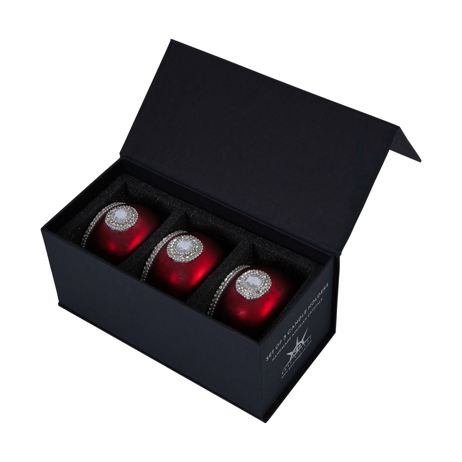 Set of 3 handmade Austrian crystal goblet candle holders on a faux leather edged glass mirror tray, showcasing elegance and style.