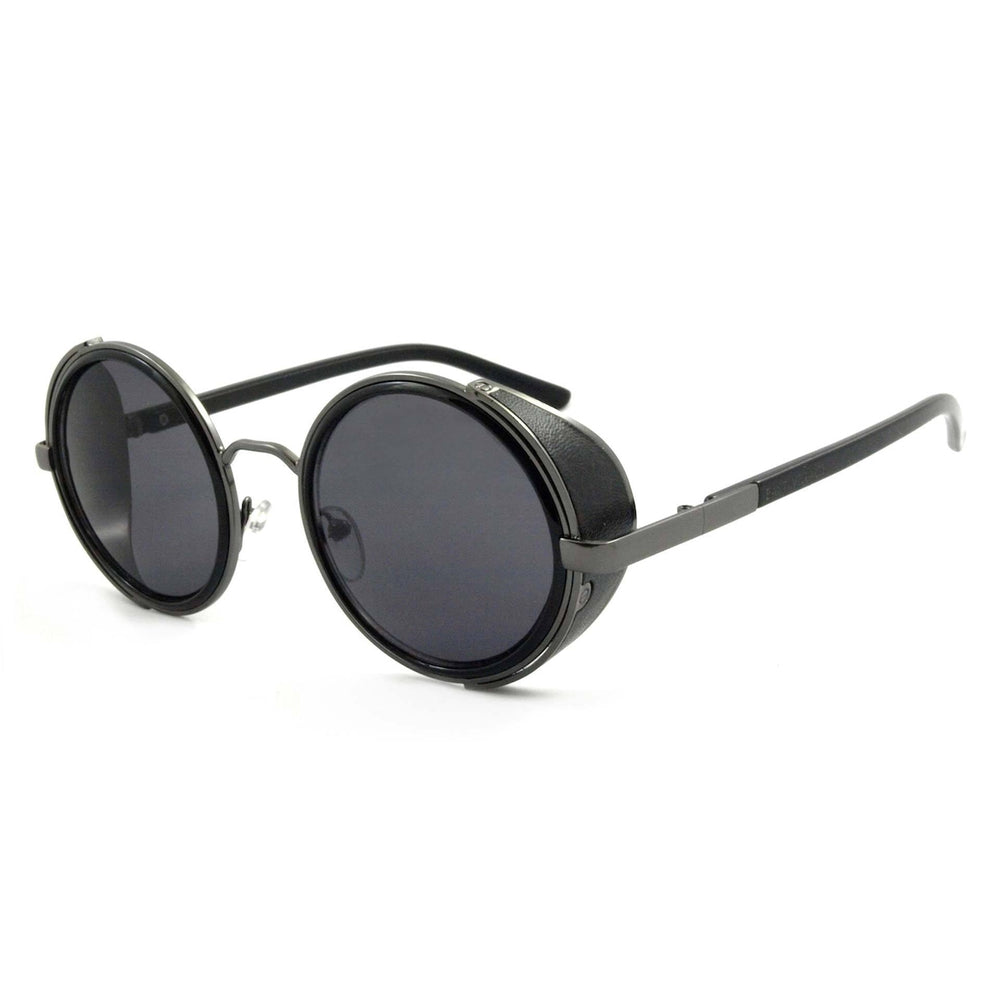 East Village 'Freeman' round sunglasses with black side shields and solid smoke lenses, featuring the East Village logo on the temples.