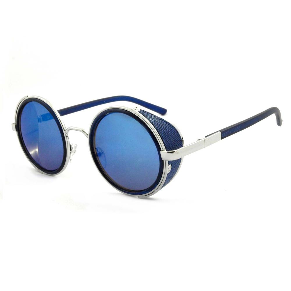 East Village 'Freeman' round sunglasses with blue side shields and blue flash lens, featuring logo on temples.