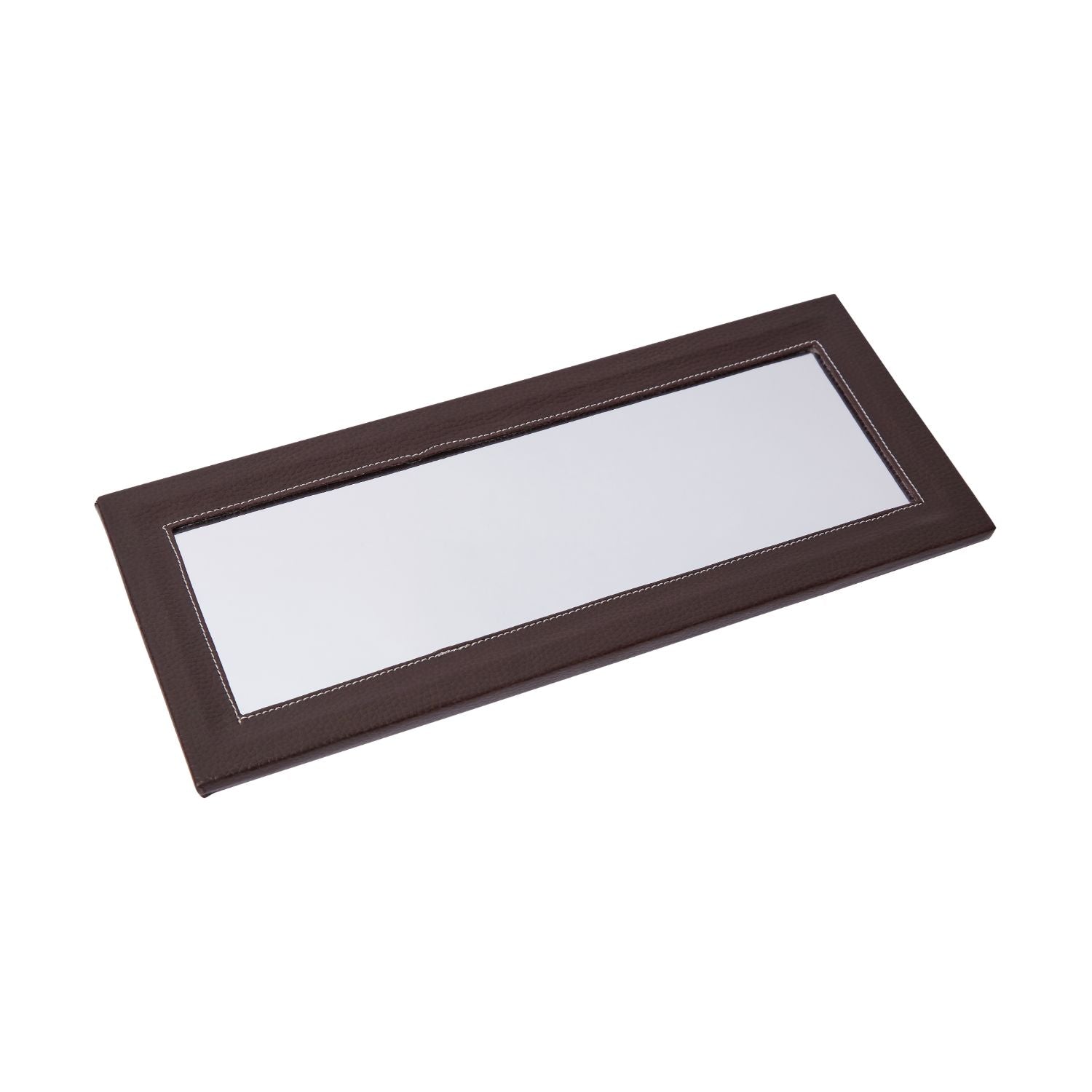 East Village Glass Mirror Tray with faux leather edges, elegantly displaying candle holders.