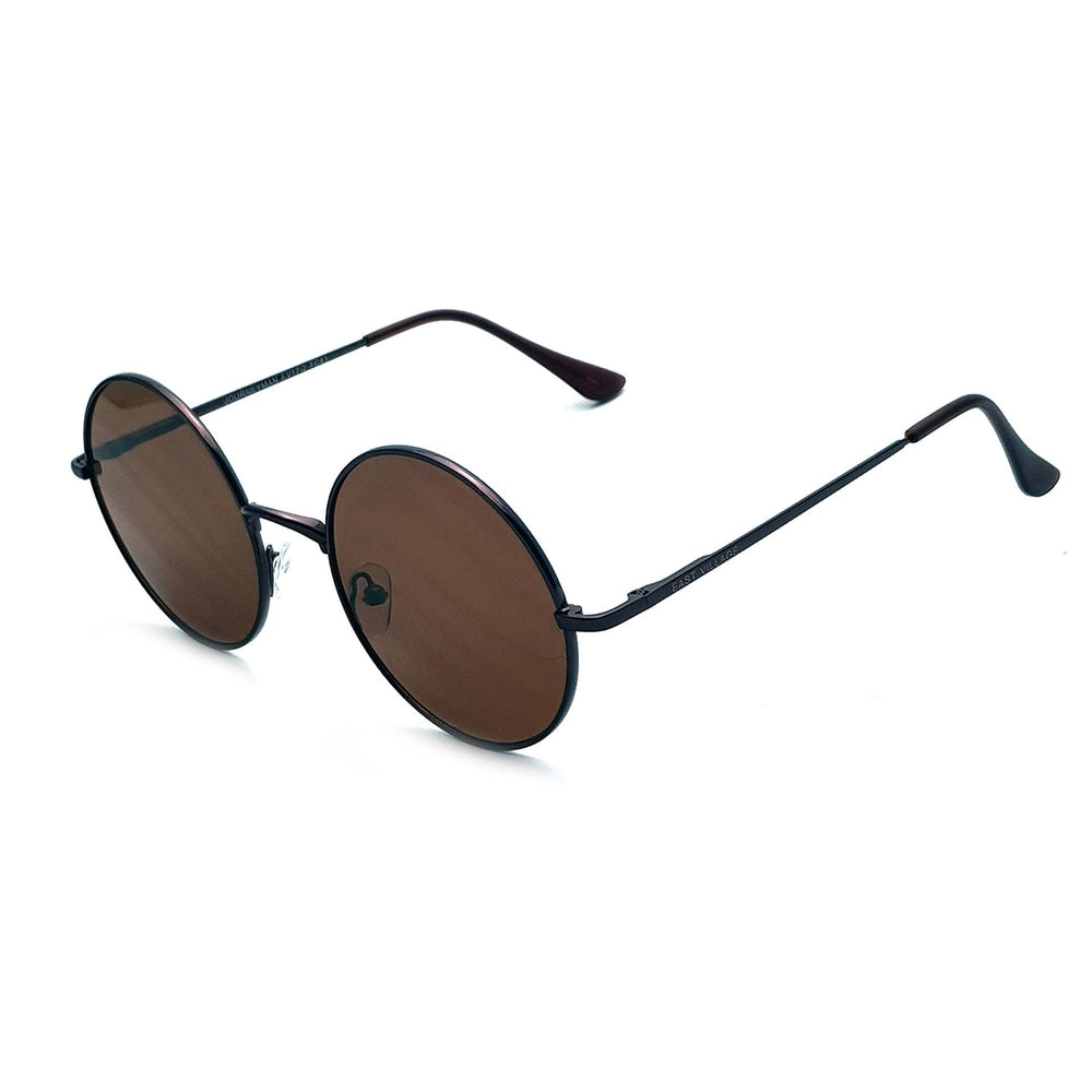 East Village 'Journeyman' Metal Round Sunglasses in copper with brown lenses, featuring the East Village logo on the temples.