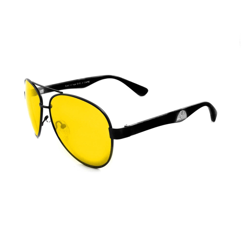 East Village 'Caine' Aviator Sunglasses in Matt Black with yellow lenses and logo plates.