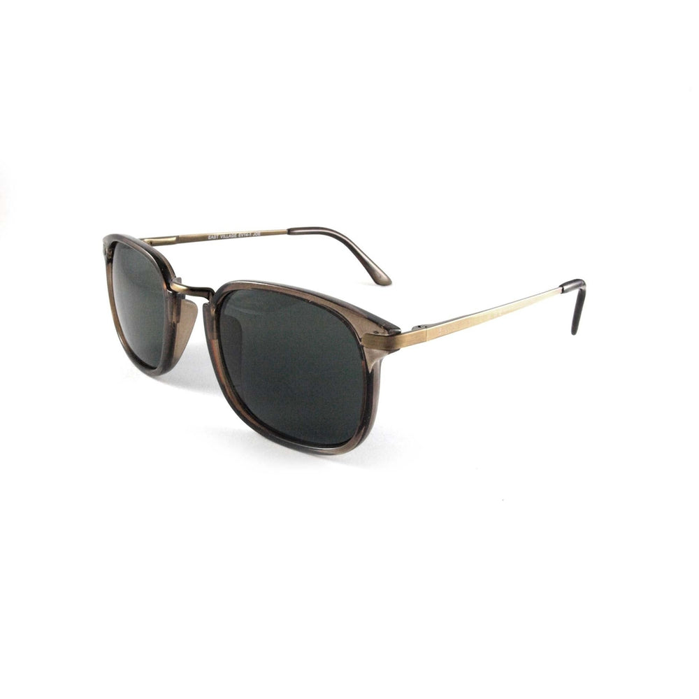East Village Square 'Joe' Metal Bridge Crystal Brown Sunglasses with antique gold accents and branded pouch.