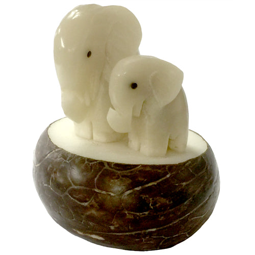 Hand-carved Elephant with Baby figurine made from tagua nuts, showcasing intricate details and natural beauty.