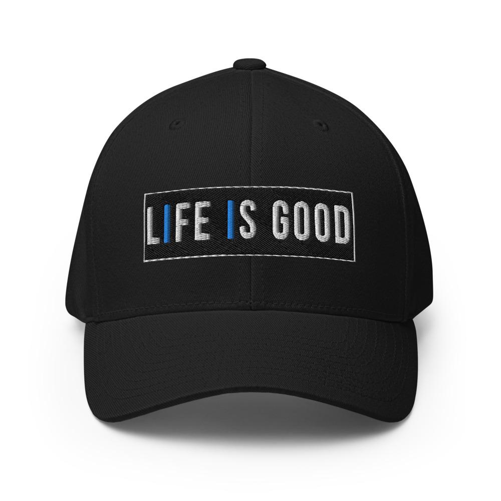 Life is Good Baseball Hat featuring embroidered twill design, elastic stretch band, and curved visor, available in two sizes.