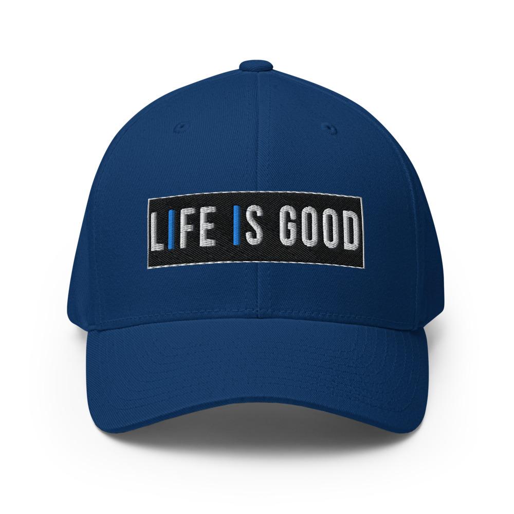 Life is Good Baseball Hat featuring embroidered twill design, elastic stretch band, and curved visor, available in two sizes.