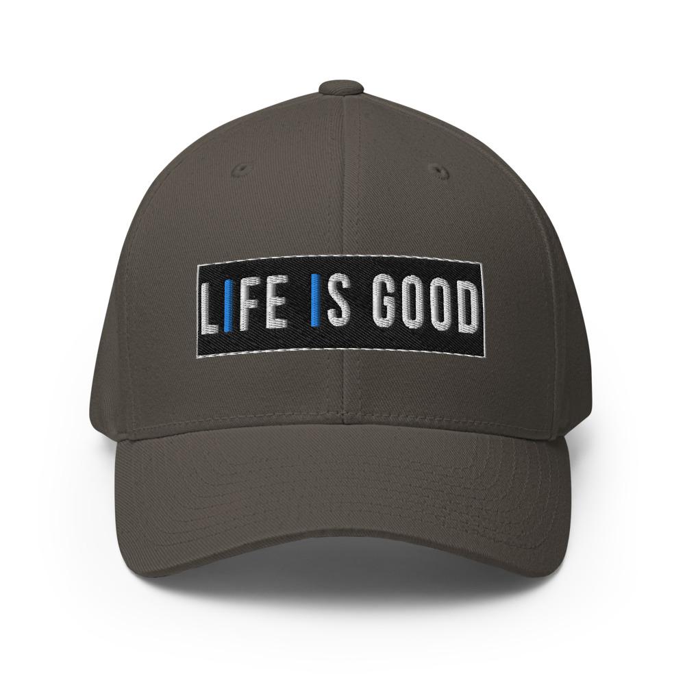 Life is Good Baseball Hat featuring embroidered twill design, elastic stretch band, and curved visor, available in two sizes.