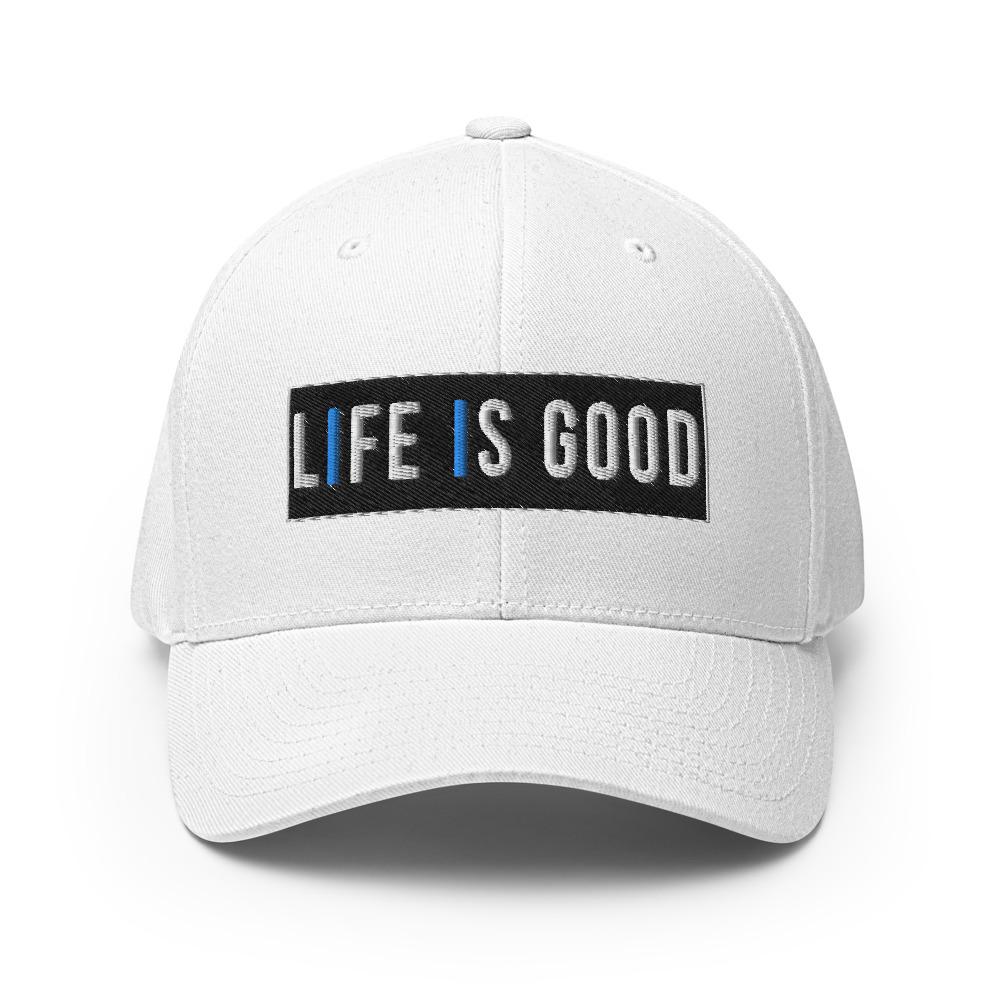 Life is Good Baseball Hat featuring embroidered twill design, elastic stretch band, and curved visor, available in two sizes.