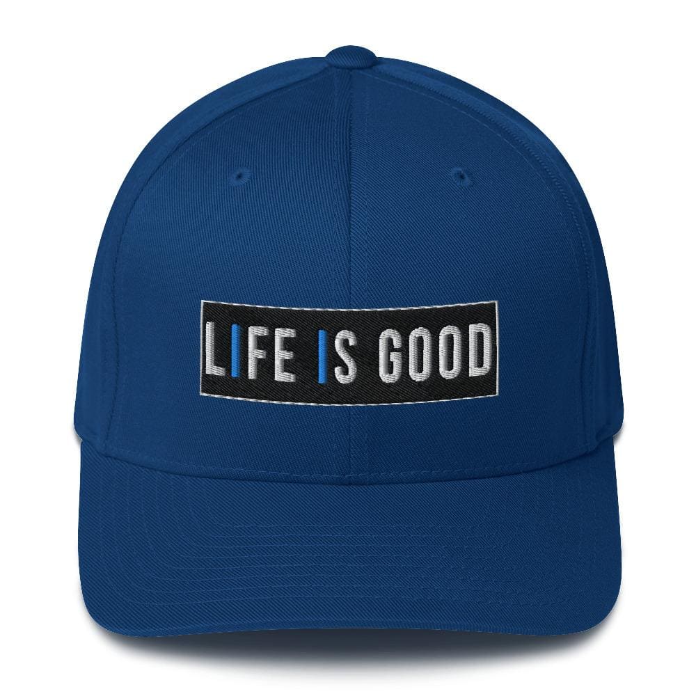 Life is Good Baseball Hat featuring embroidered twill design, elastic stretch band, and curved visor, available in two sizes.