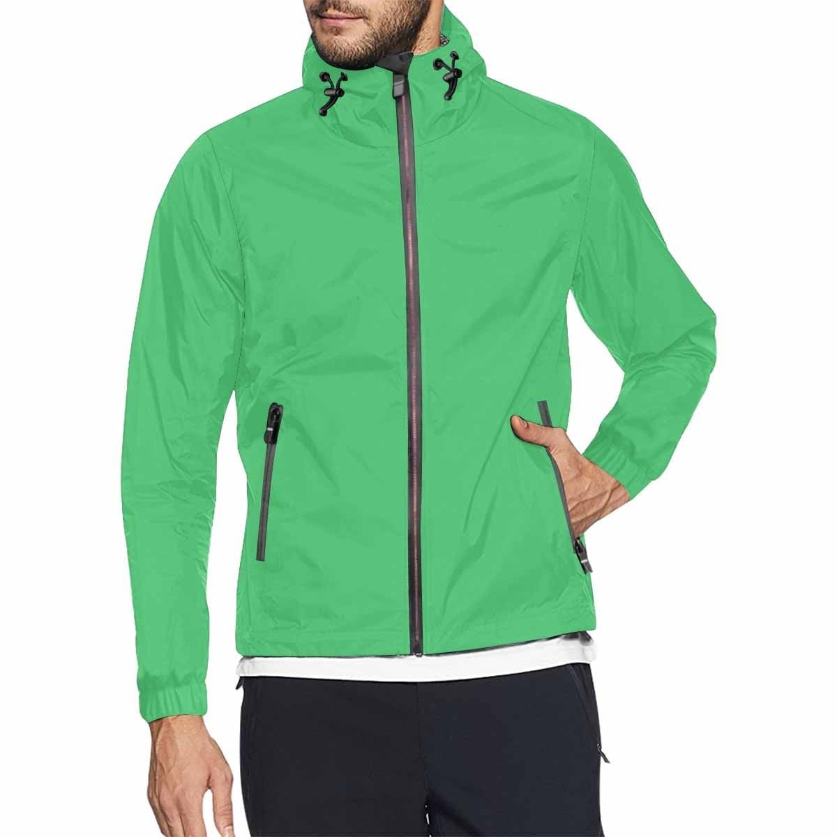 Emerald green hooded windbreaker jacket for men and women, featuring a full zip, adjustable hood, and two zippered pockets.