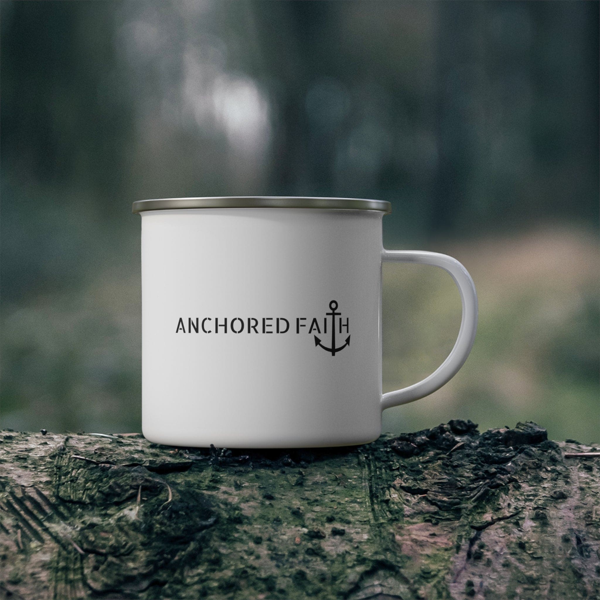 Enamel Camping Mug with Anchored Faith black print design, showcasing its sturdy construction and stylish appearance.