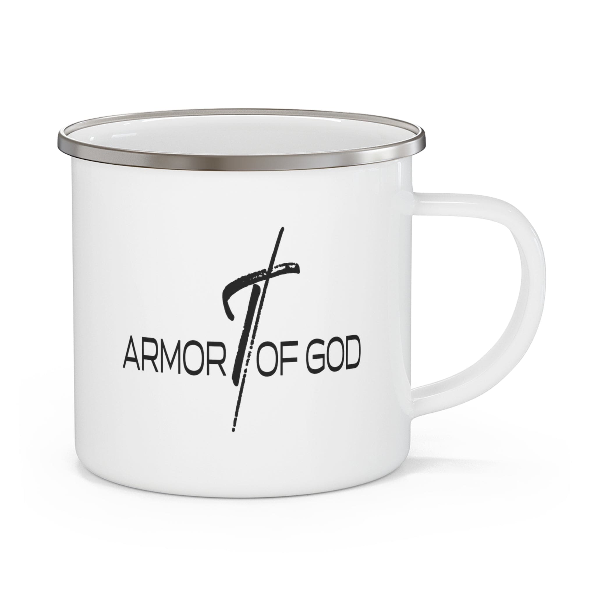 Durable enamel camping mug featuring the Armor of God black illustration, perfect for outdoor and indoor use.