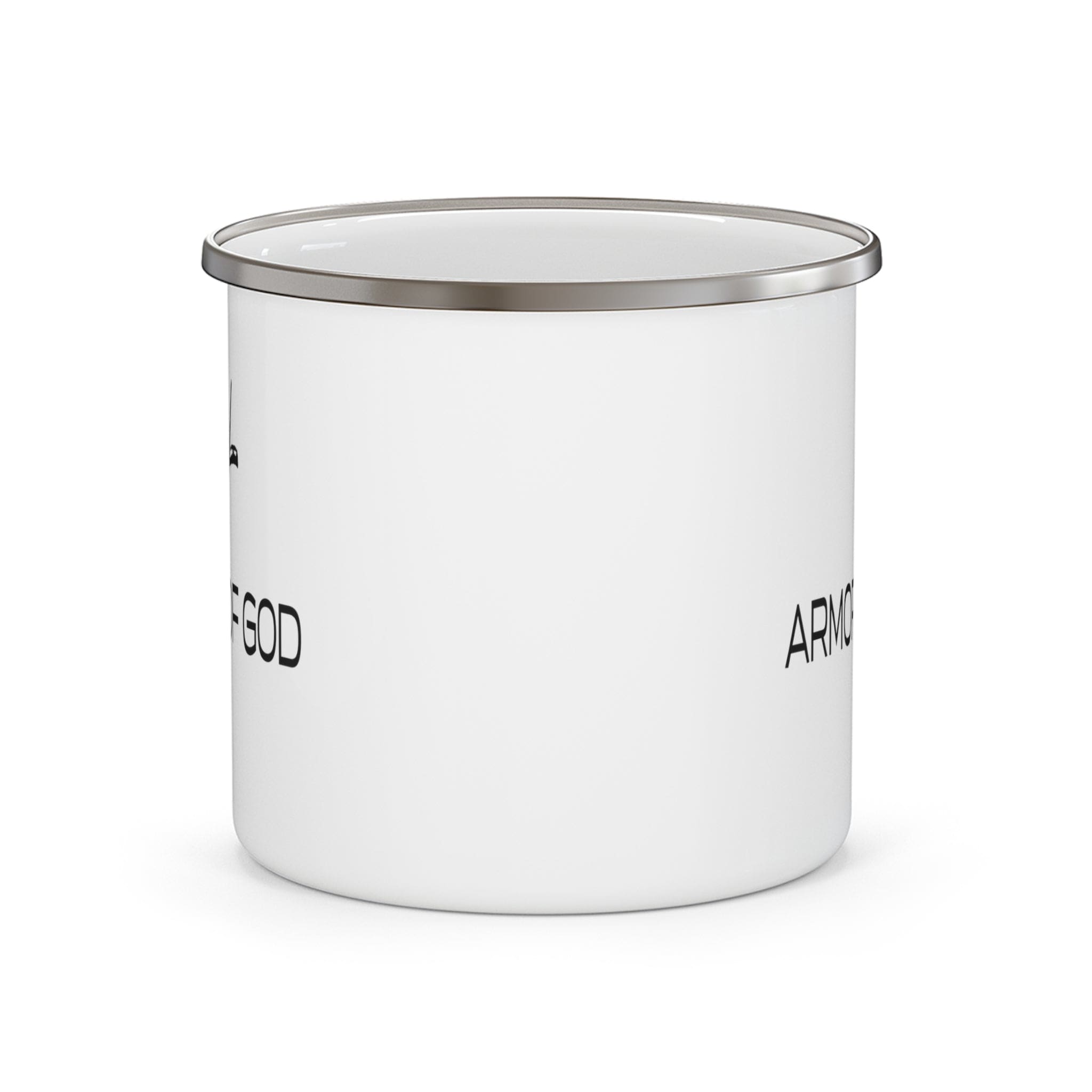 Durable enamel camping mug featuring the Armor of God black illustration, perfect for outdoor and indoor use.
