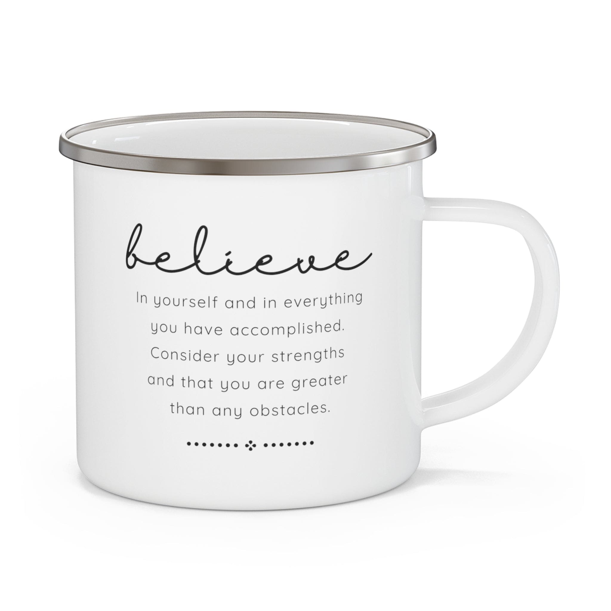 Enamel camping mug with 'Believe in Yourself' print, featuring a C-handle and rounded corners, perfect for outdoor and indoor use.