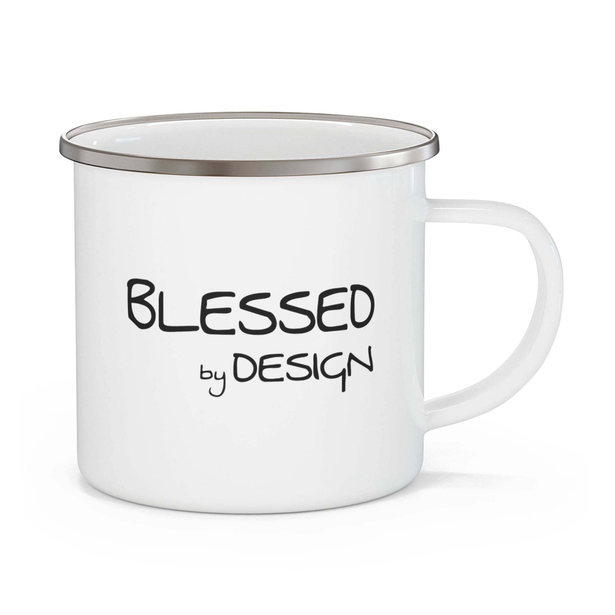 A stylish enamel camping mug with a C-handle, featuring an inspirational affirmation design, perfect for coffee, tea, or cereal.