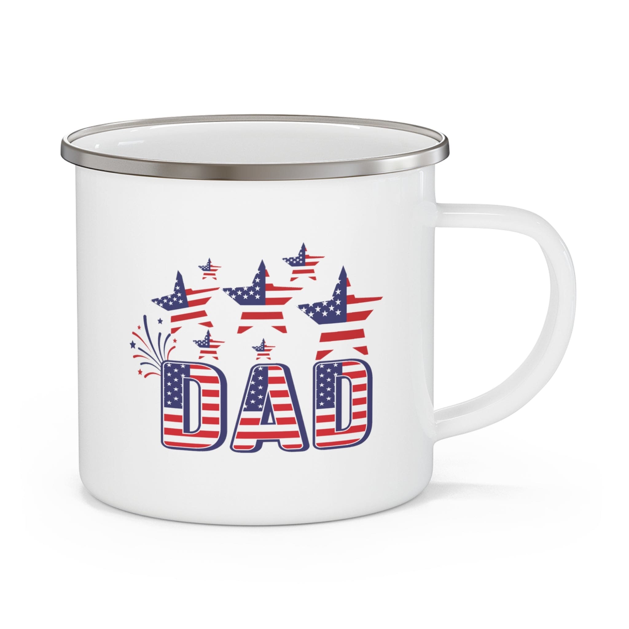 Durable enamel camping mug with a C-handle, perfect for outdoor activities and Independence Day celebrations.