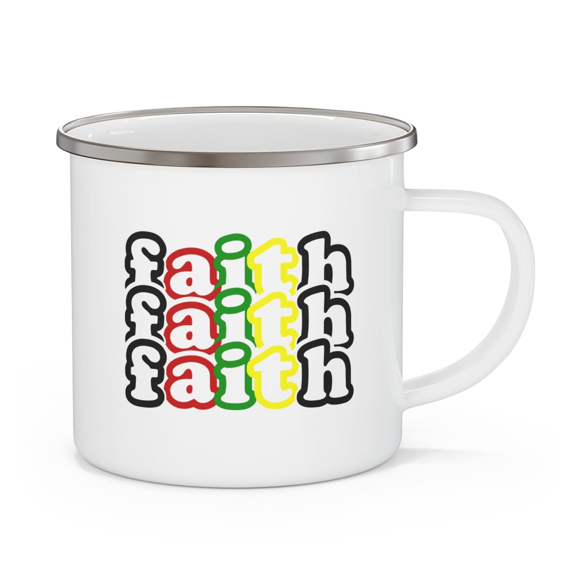 Enamel Camping Mug featuring a colorful Faith Stack black illustration, perfect for outdoor and indoor use.