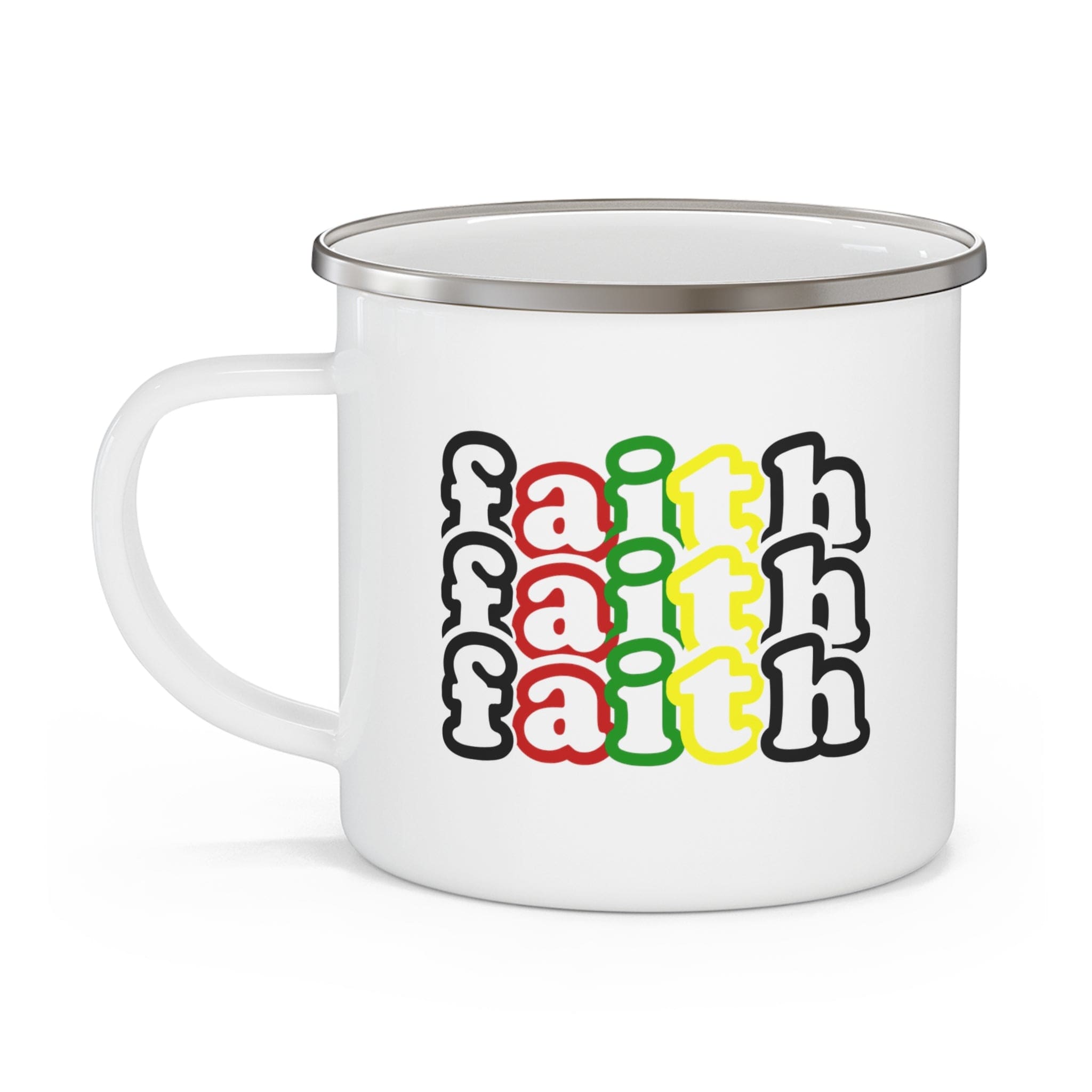 Enamel Camping Mug featuring a colorful Faith Stack black illustration, perfect for outdoor and indoor use.