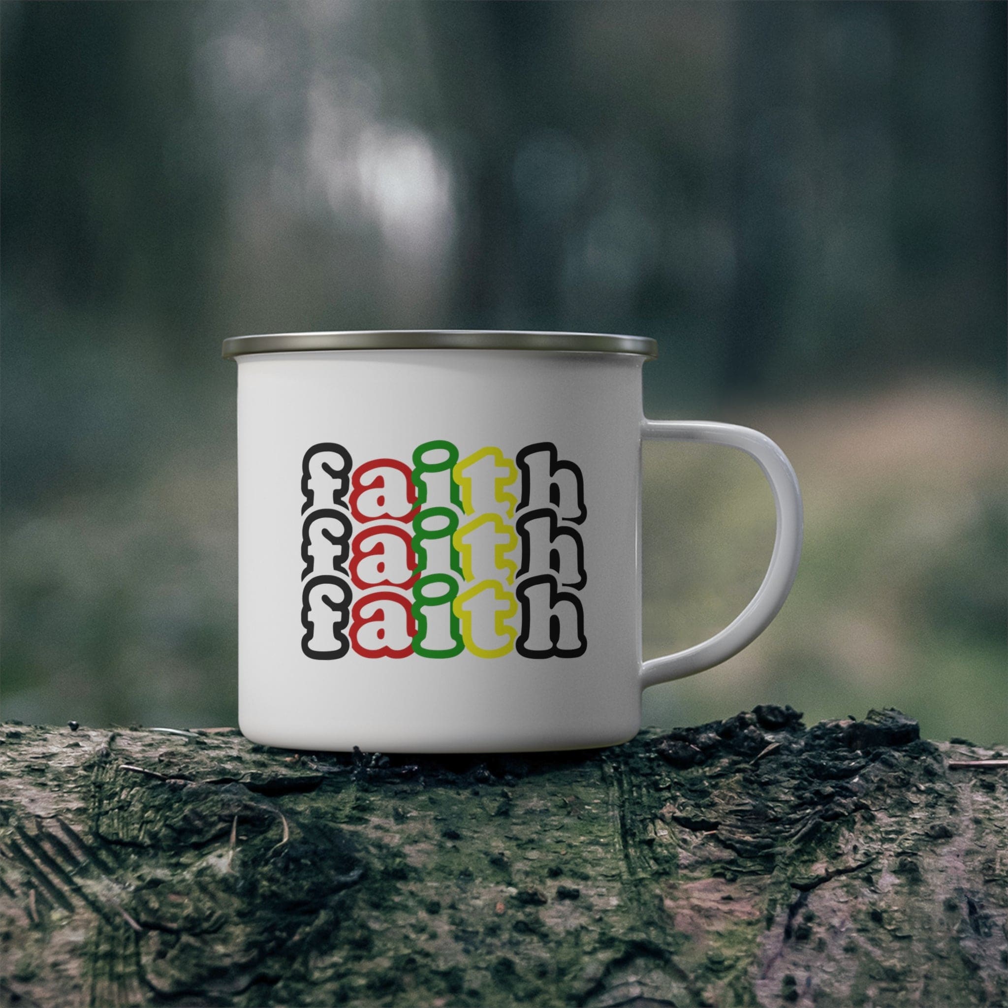 Enamel Camping Mug featuring a colorful Faith Stack black illustration, perfect for outdoor and indoor use.