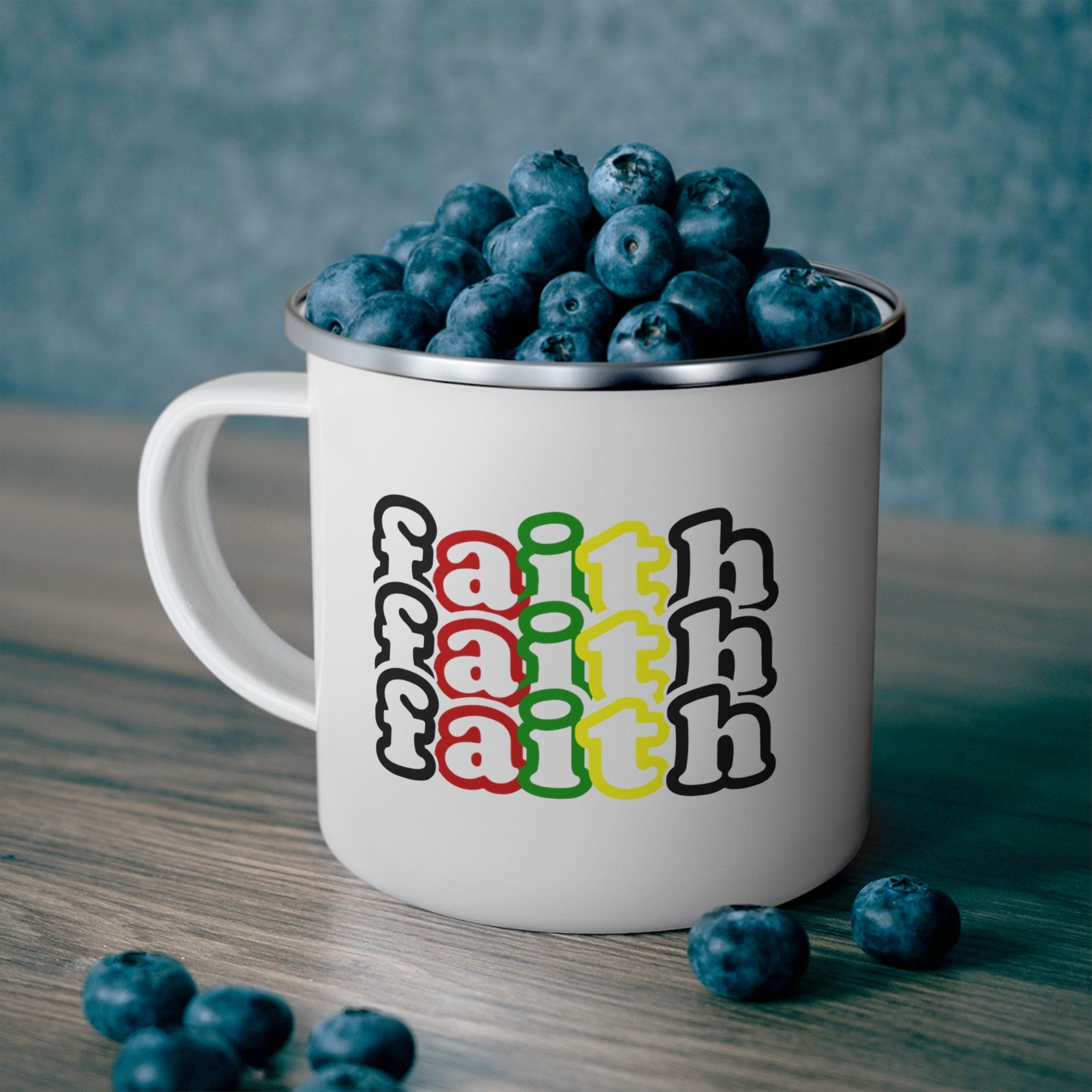 Enamel Camping Mug featuring a colorful Faith Stack black illustration, perfect for outdoor and indoor use.